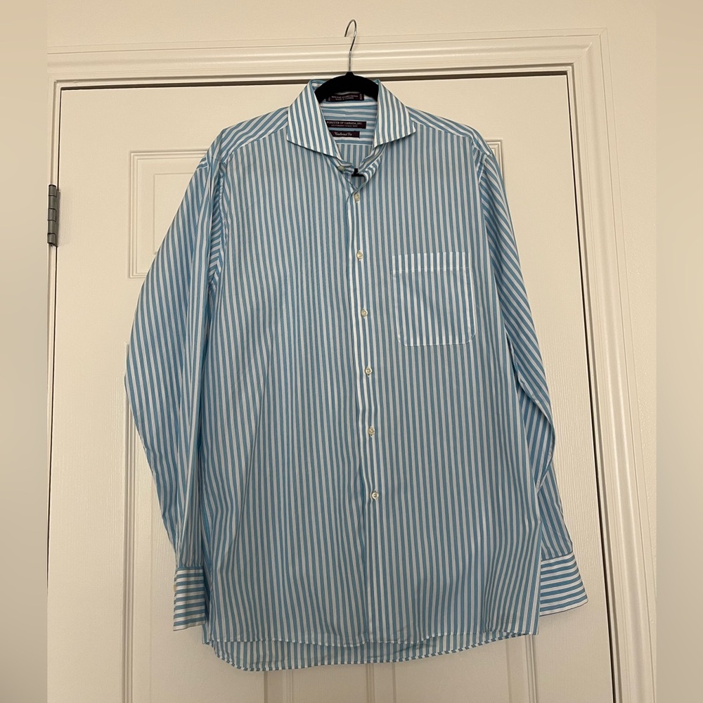 Men's Blue and White Striped Button Down
